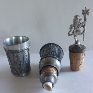 Dutch  Fein Zinn Decorative Pewter Shot Glass and Cork Wine Stopper Set  Scenes.